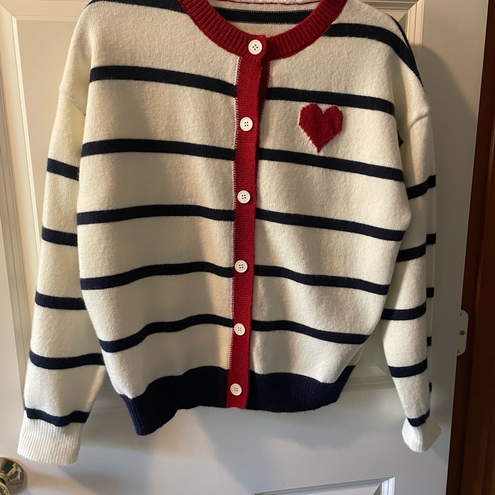 Navy & white Striped Cardigan Sweater with Heart Detail